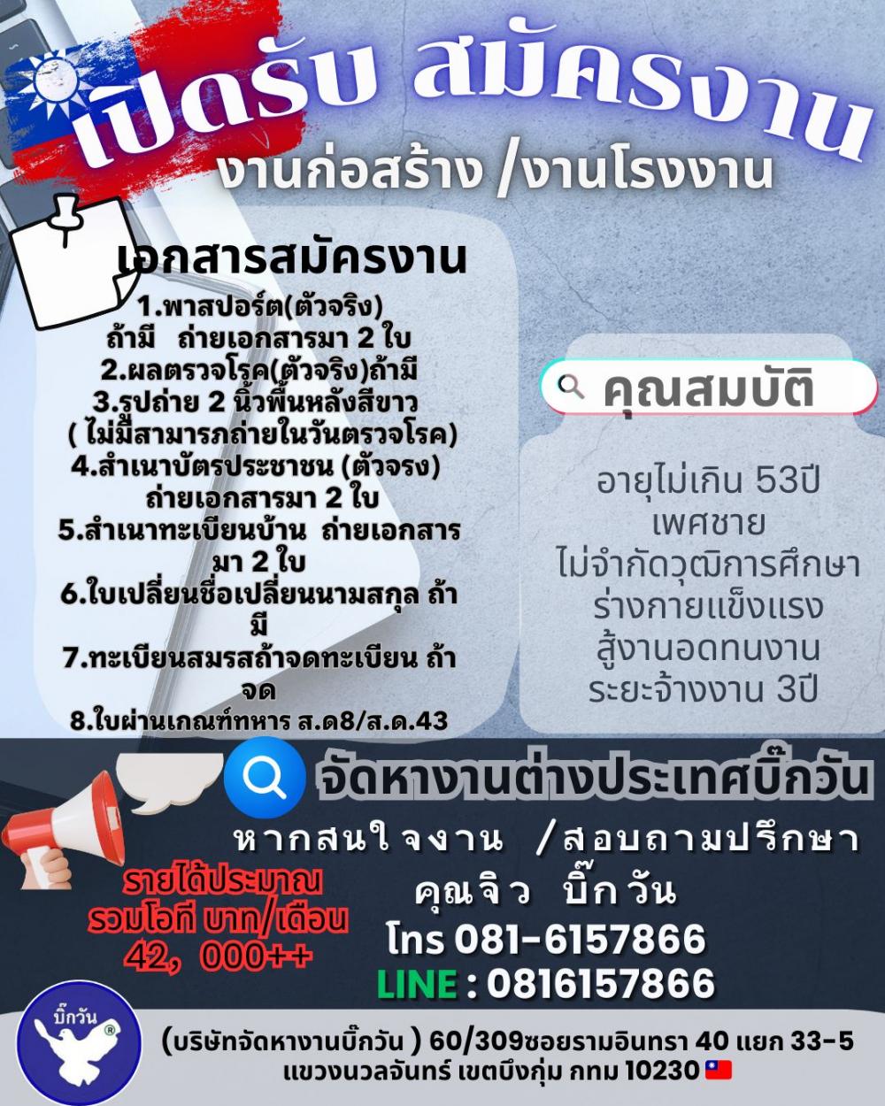 รับสมัครก่อสร้างจำนวนมาก  อายุ52ปีลง