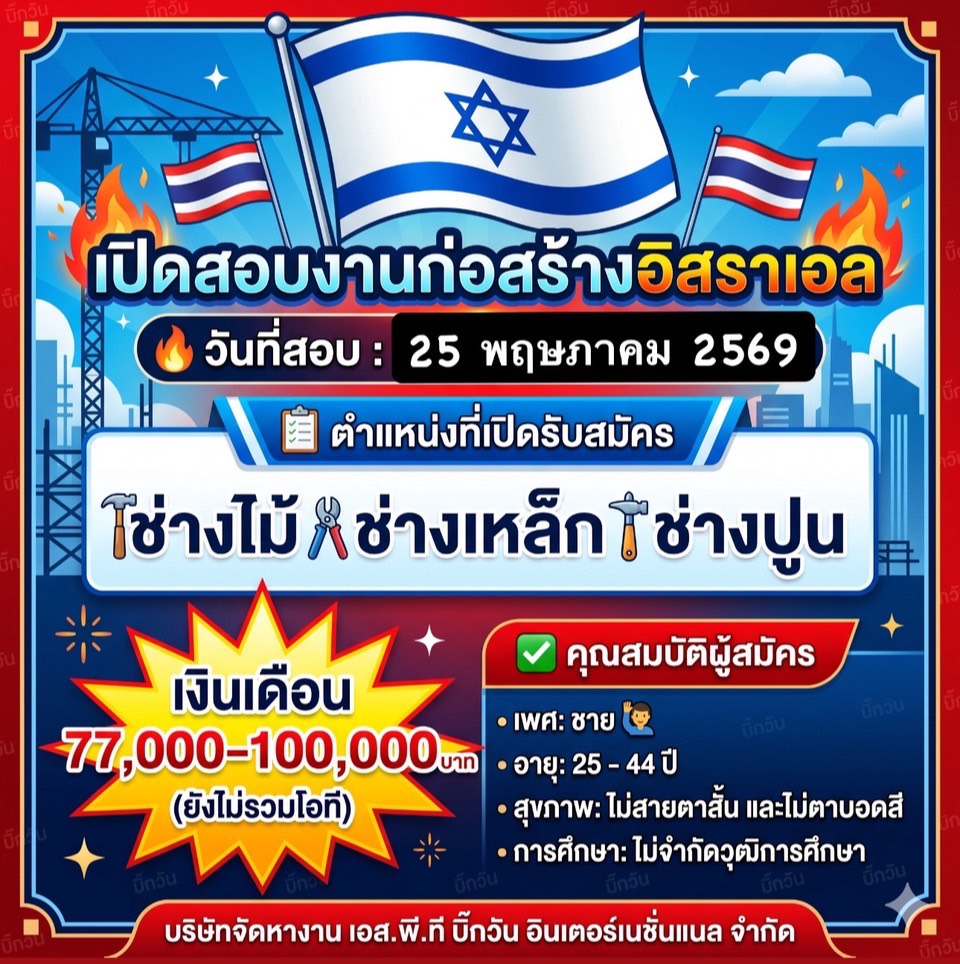 งานก่อสร้างอิสราเอล เปิดคัดเลือกสอบ25 พฤ..
